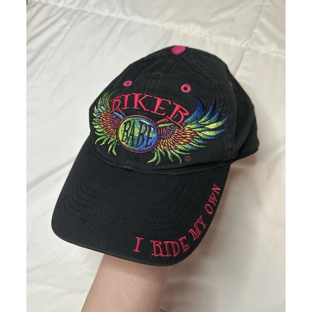 Biker Babe Y2K Hat Motorcycle I Ride My Own Black Pink Cap Women Adult Wings